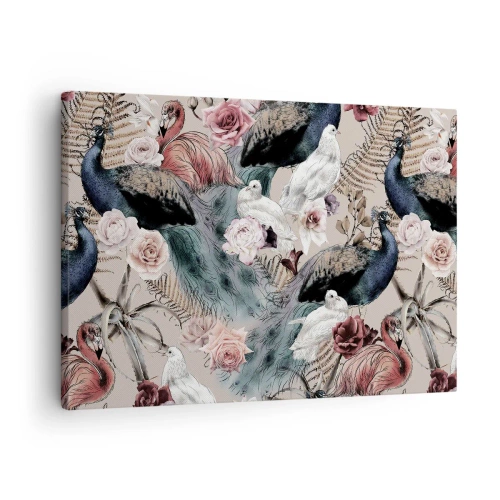 Schilderen op canvas - Een landschap met pauwenveren, rozen en vogels in een romantische stijl. - 70x50cm - In de paleistuin - Moderne wanddecoratie voor woonkamer en slaapkamer ARTTOR