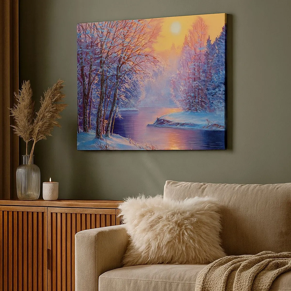 Schilderen op canvas - Winterlandschap met rivier en bomen bij zonsopgang - 70x50cm - De kleuren van de winter - Moderne wanddecoratie voor woonkamer en slaapkamer ARTTOR
