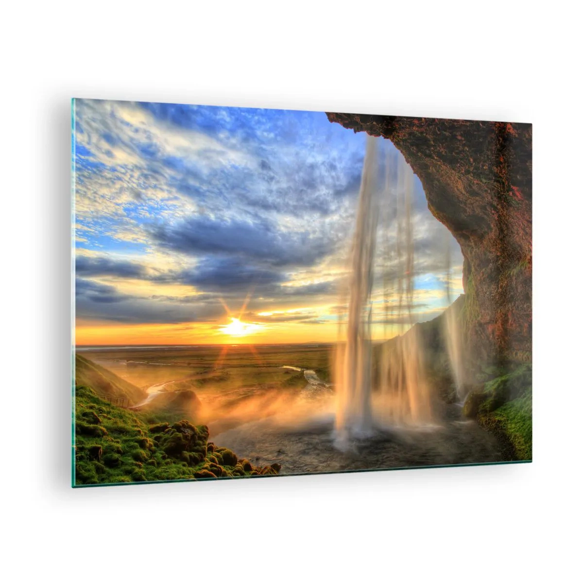 Schilderen op glas - Waterval met uitzicht op de zonsondergang en de vallei - 70x50cm - De wereld achter een sluier van druppels - Moderne wanddecoratie voor woonkamer en slaapkamer ARTTOR