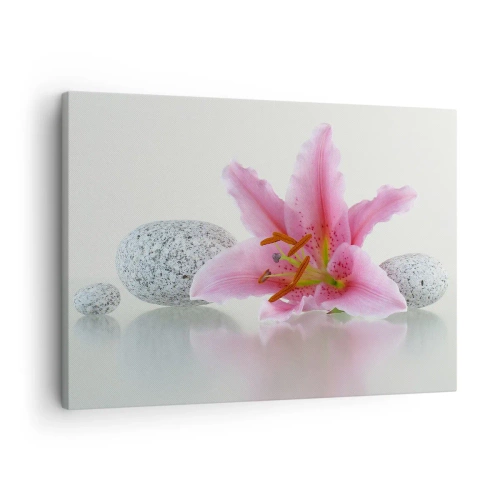 Schilderen op canvas - Roze leliebloem met stenen op een lichte achtergrond - 70x50cm - Een studie in roze, grijs en wit - Moderne wanddecoratie voor woonkamer en slaapkamer ARTTOR