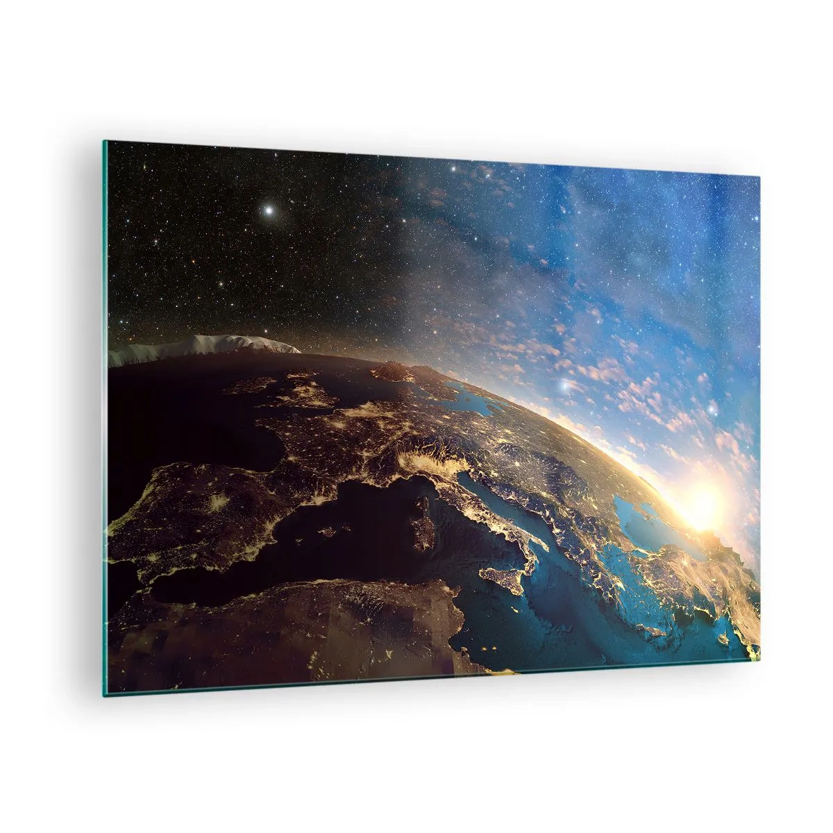 Schilderen op glas - Een blik op de aarde vanuit de ruimte met de zonsopgang zichtbaar - 70x50cm - Laten we eens van een afstand naar onszelf kijken - Moderne wanddecoratie voor woonkamer en slaapkamer ARTTOR