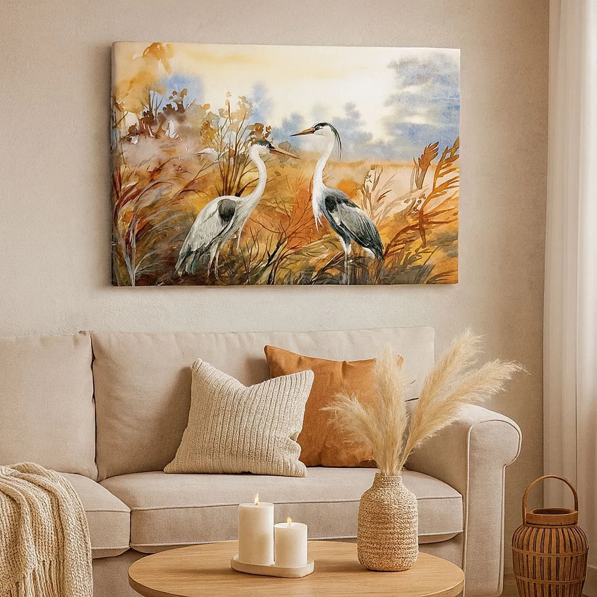 Schilderen op canvas - Twee reigers tegen de achtergrond van een herfstlandschap - 70x50cm - Waarheen in de herfst? - Moderne wanddecoratie voor woonkamer en slaapkamer ARTTOR