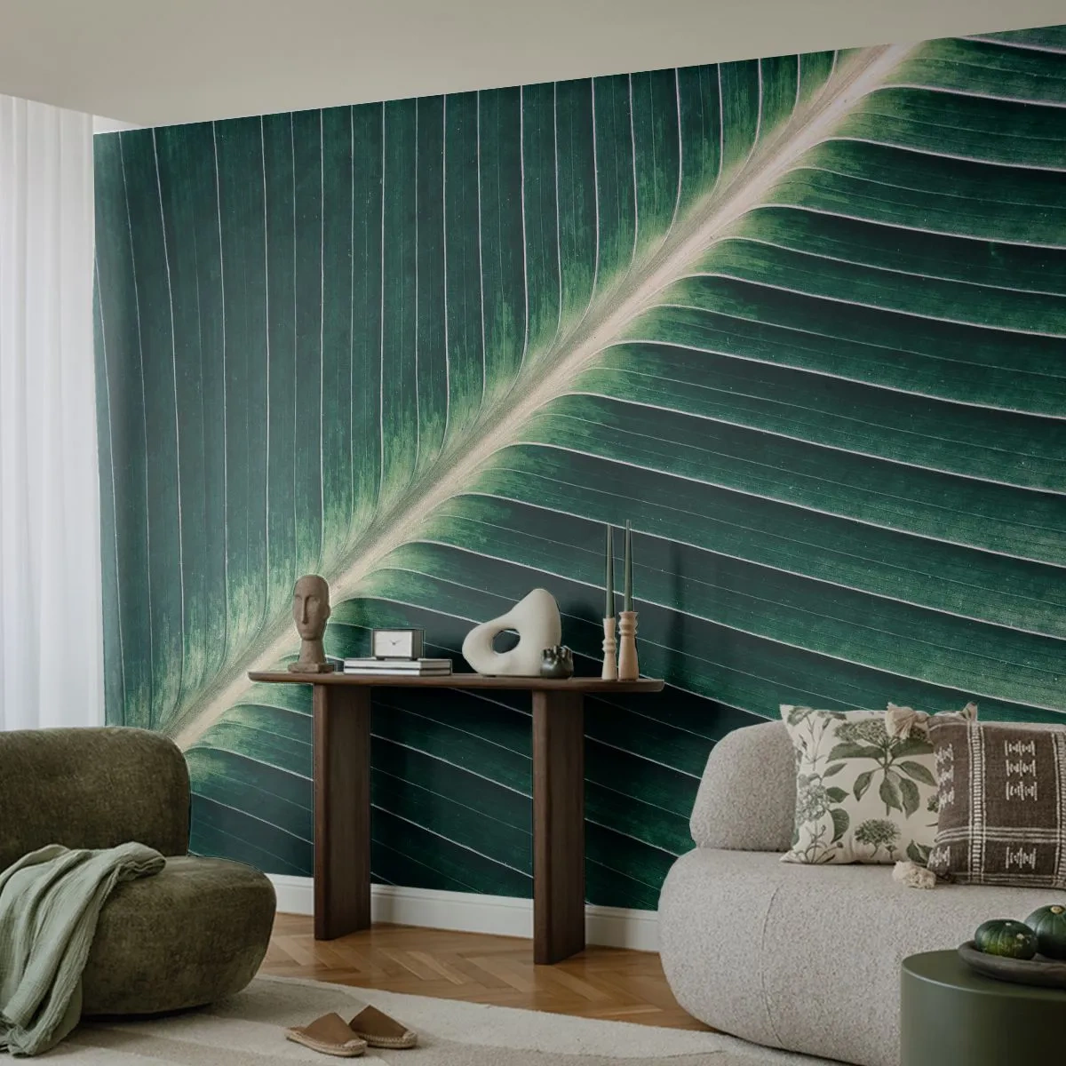 Fotobehang Premium Sand - Het ritme van de natuur - Abstractie, Groen blad, Grafisch - 400x280 cm