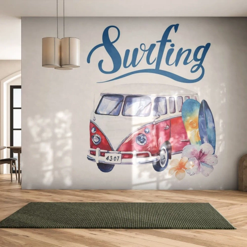 Fotobehang Standard Eco - Komkommer - een klassieker voor een surfer - Vintage busje, Reizen, Surfplank - 500x350 cm