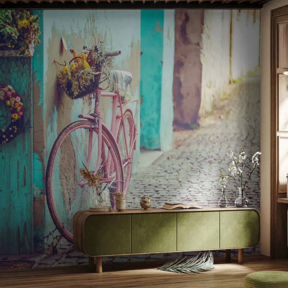 Fotobehang Premium Canvas - Ben zo terug - Fiets, Architectuur, Bloemen - 450x315 cm