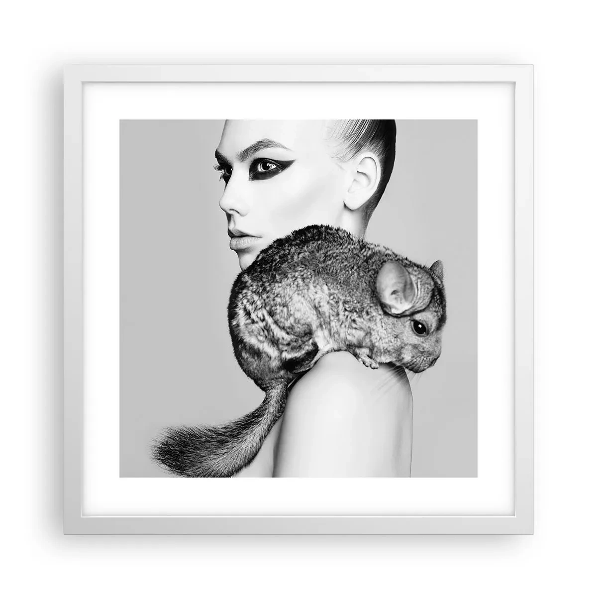 Poster in een witte lijst - Dame met een chinchilla - 40x40 cm