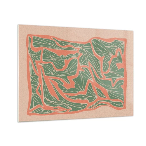 Schilderen op glas - Groene bladvormen omgeven door een koraal frame op een beige achtergrond - 70x50cm - De strijd tussen koraal en groen - Moderne wanddecoratie voor woonkamer en slaapkamer ARTTOR