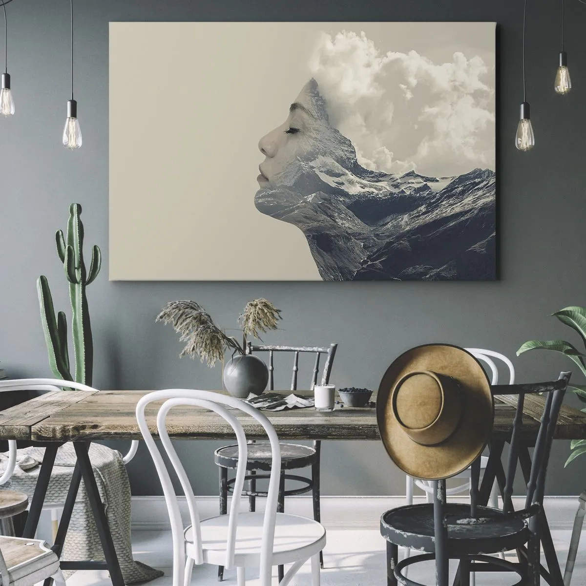 Schilderen op canvas - Silhouet van een vrouw met een berglandschap op de achtergrond - 70x50cm - De schoonheid van de elementen - Moderne wanddecoratie voor woonkamer en slaapkamer ARTTOR