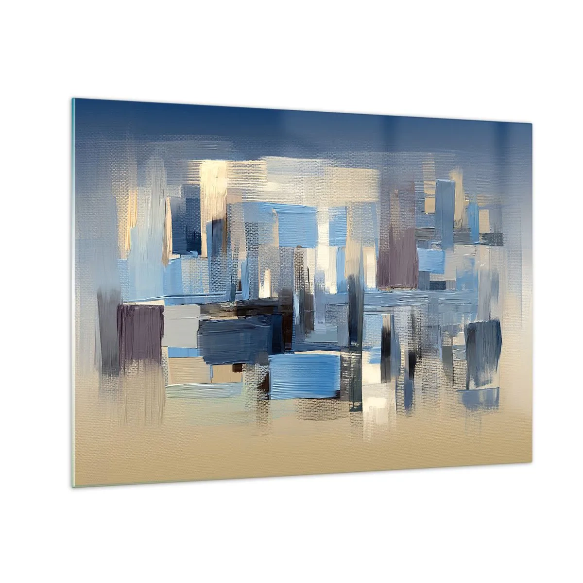 Schilderen op glas - Geometrische penseelstreken in tinten blauw en beige - 70x50cm - Blauwe constructie - Moderne wanddecoratie voor woonkamer en slaapkamer ARTTOR
