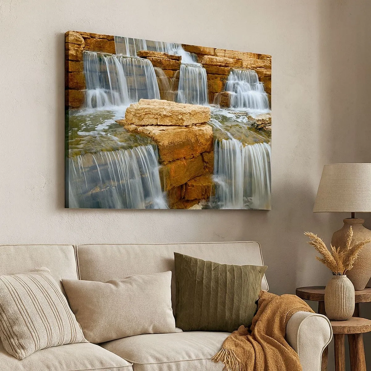 Schilderen op canvas - Een waterval die langs stenen trappen naar beneden stroomt - 70x50cm - Trap naar de hemel - Moderne wanddecoratie voor woonkamer en slaapkamer ARTTOR