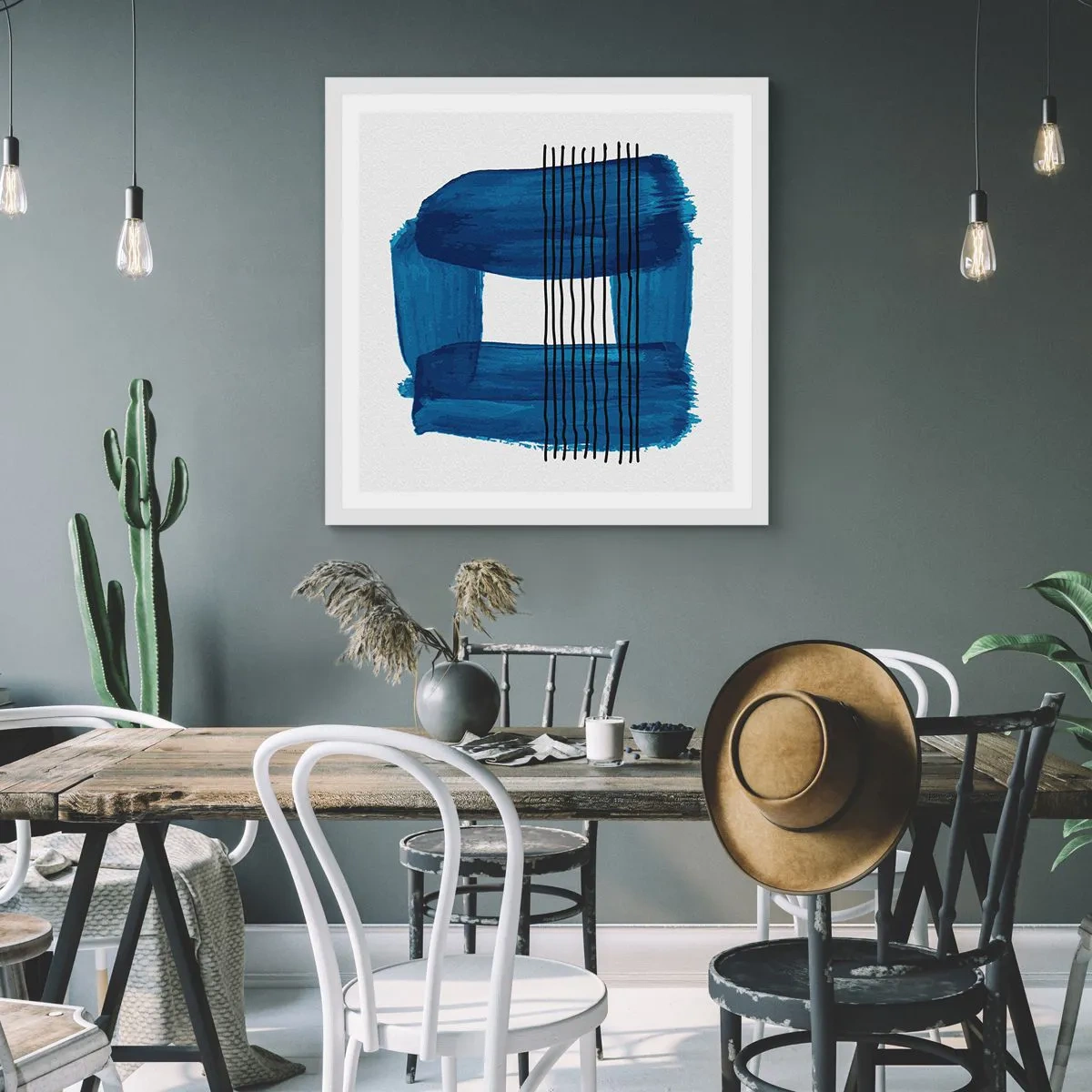 Poster in een witte lijst - Blauwe en zwarte compositie - 40x40 cm