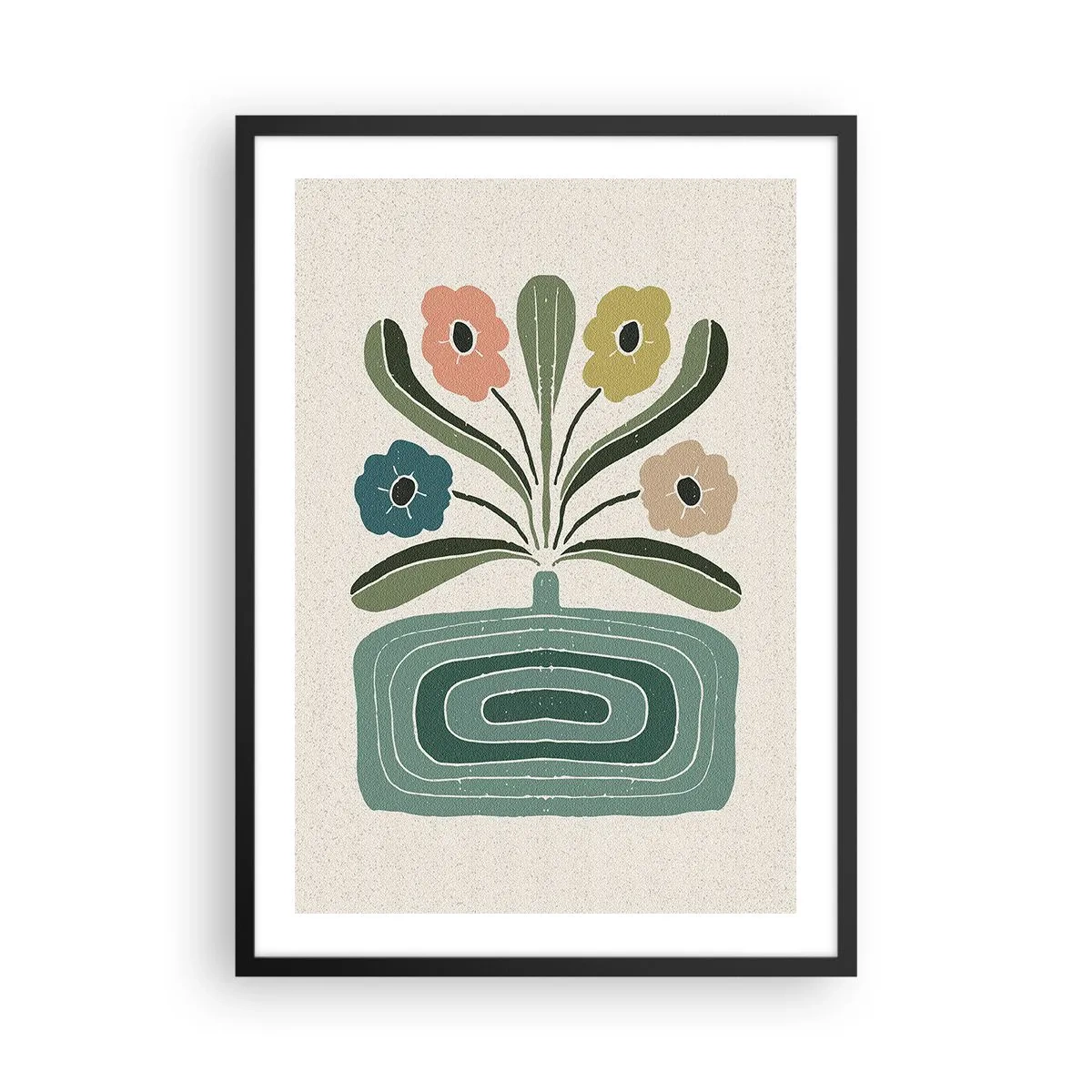 Poster in een zwarte lijst - Gestileerde bloemen in een grafische compositie - 50x70cm - Symmetrisch boeket - Moderne wanddecoratie voor woonkamer en slaapkamer ARTTOR