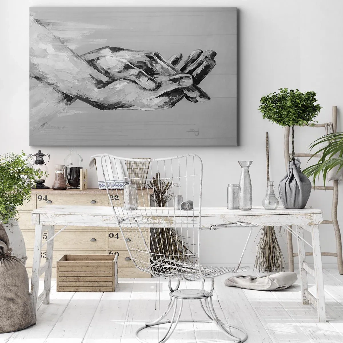 Schilderen op canvas - Een zwart-witcompositie van twee gevouwen handen op een lichte achtergrond. - 70x50cm - Begin… - Moderne wanddecoratie voor woonkamer en slaapkamer ARTTOR
