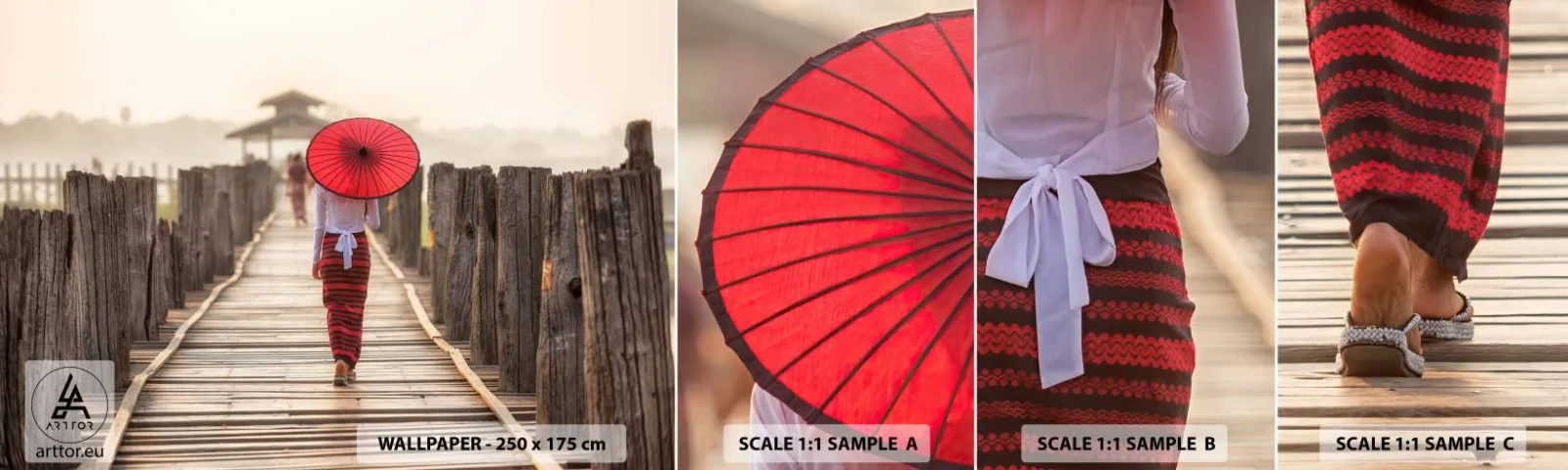 Fotobehang Monster Zelfklevend Deluxe Sticker - Op de oude brug - Paraplu, Birma, Houten brug - 100x30 cm