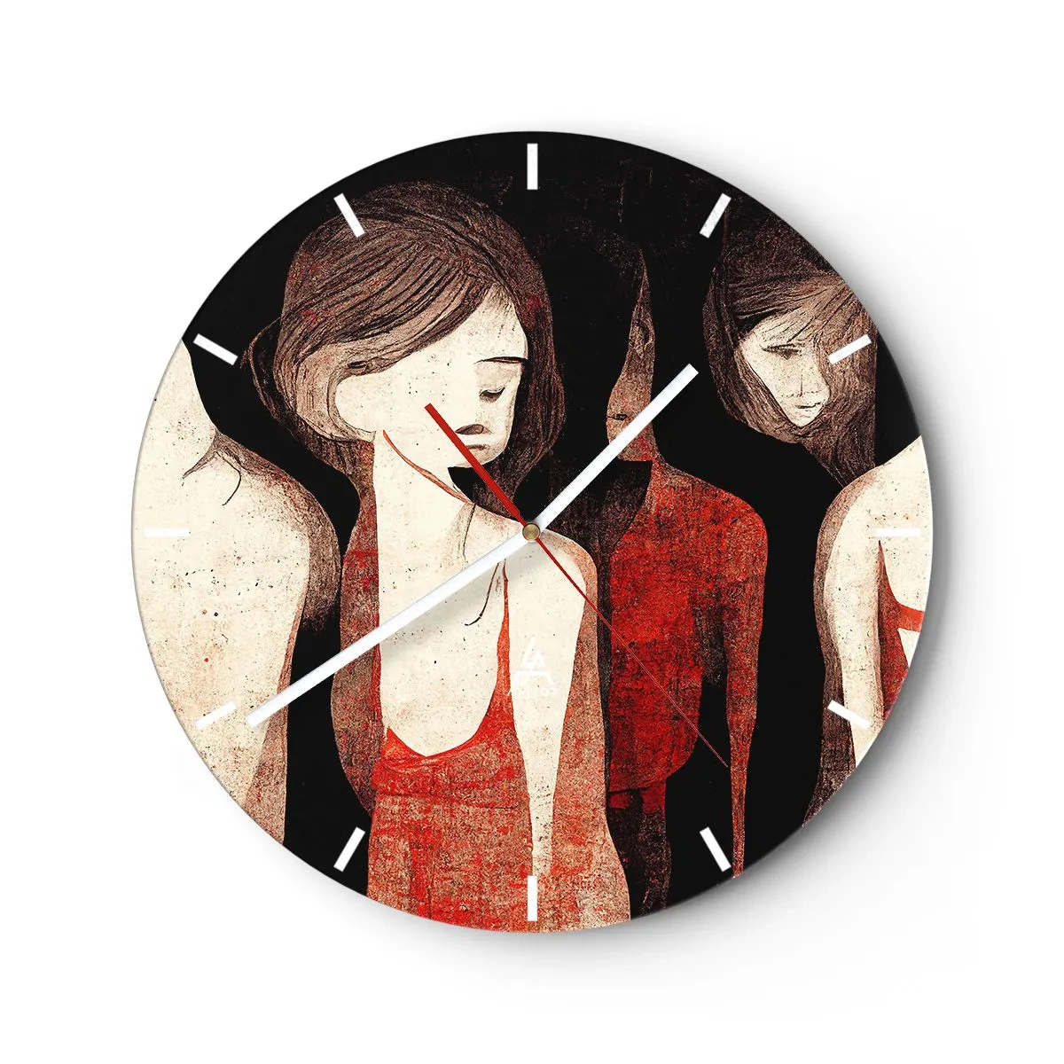 Wandklok - Klok - Vrouwenfiguren in het rood op een donkere achtergrond - 30x30cm - Madonna's van duisternis - Moderne wanddecoratie voor woonkamer, keuken en slaapkamer ARTTOR