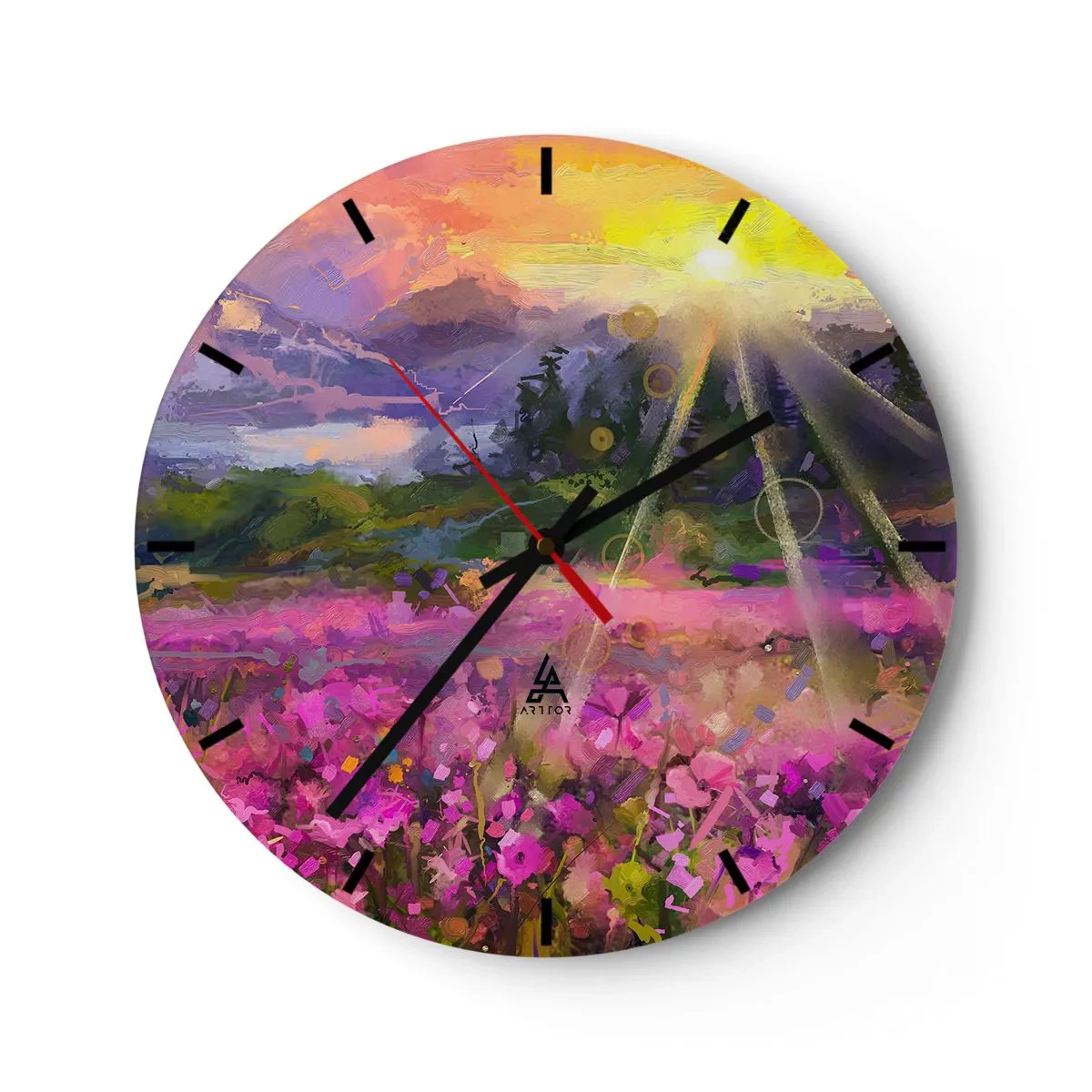 Wandklok - Klok - Kleurrijke weide in het zonlicht met een abstract landschap - 30x30cm - In de vallei onder de bescherming van de zon - Moderne wanddecoratie voor woonkamer, keuken en slaapkamer ARTTOR