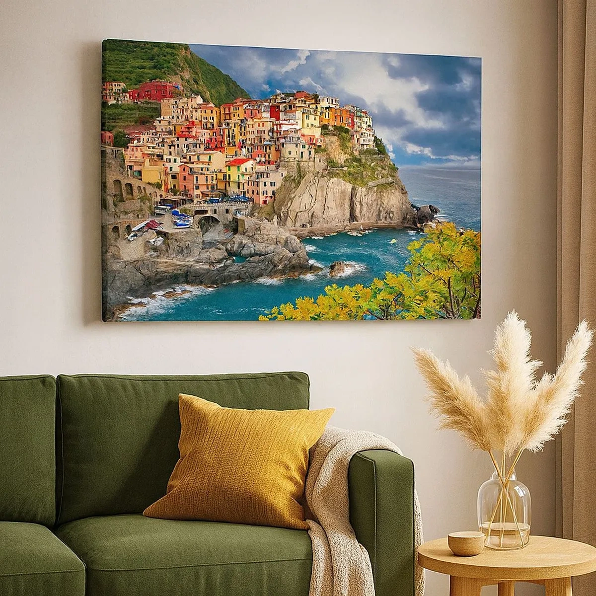 Schilderen op canvas - Kleurrijke huizen op een klif met uitzicht op de zee in Cinque Terre - 70x50cm - Een groepje geklampt an de rots - Moderne wanddecoratie voor woonkamer en slaapkamer ARTTOR