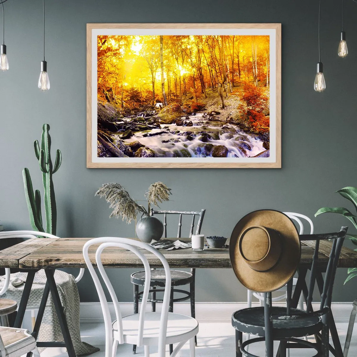 Een poster in een licht eiken lijst - Stenen gezet in goud en platina - 100x70 cm