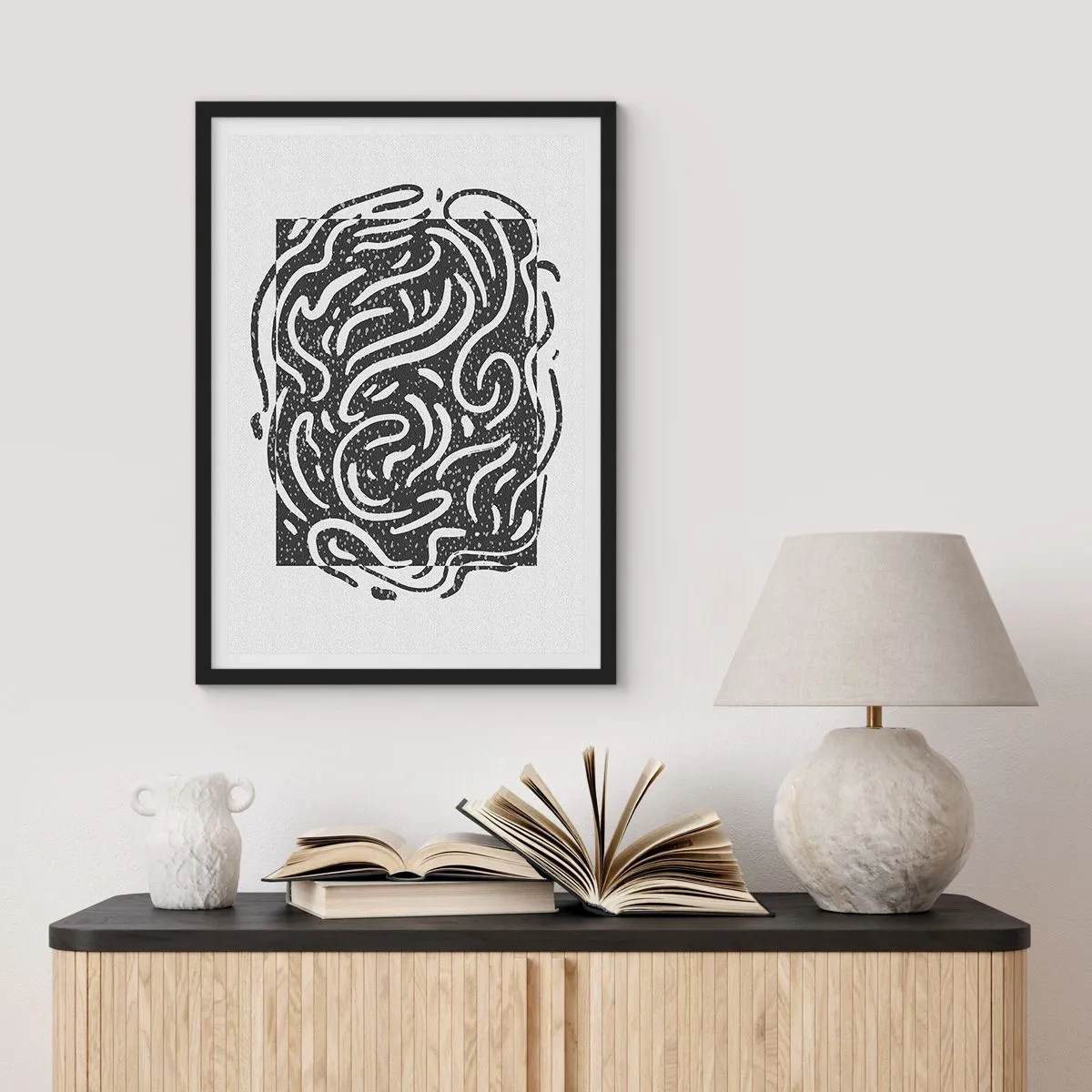 Poster in een zwarte lijst - Abstracte compositie met dynamische lijnen en vormen in zwart-wit. - 50x70cm - Abstractie: vreugdedans - Moderne wanddecoratie voor woonkamer en slaapkamer ARTTOR