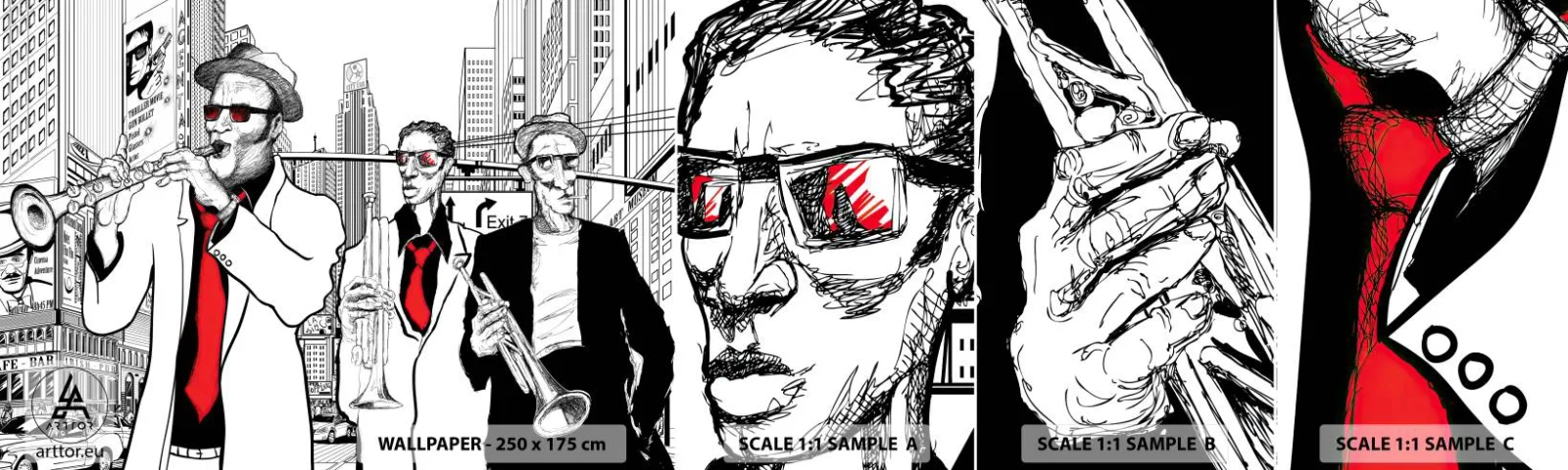 Fotobehang Monster Zelfklevend Deluxe Sticker - Urban rapsodie in zwart en rood - New York, Jazz, Muziek - 100x30 cm