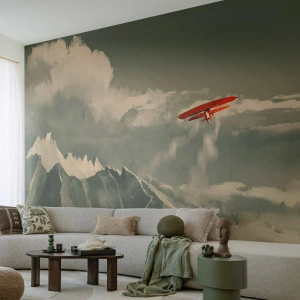 Fotobehang Premium Canvas - Onverschrokken pionier - Abstractie, Vliegtuig, Berglandschap - 350x256 cm