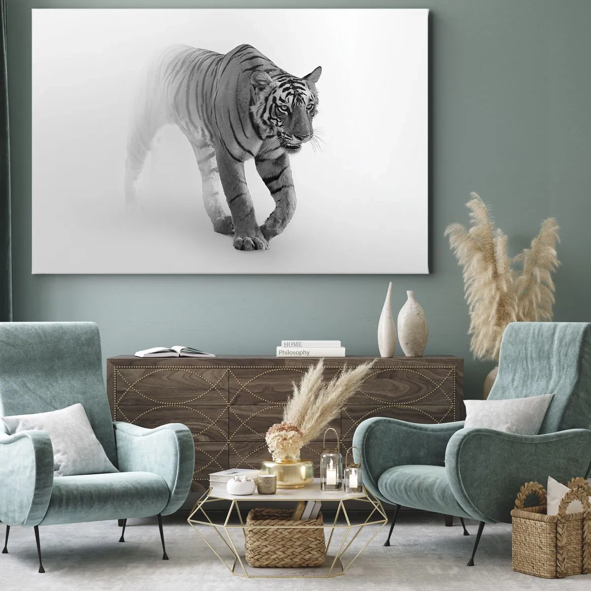 Schilderen op canvas - Een tijger die uit de mist tevoorschijn komt - 70x50cm - Gehurkt in de mist - Moderne wanddecoratie voor woonkamer en slaapkamer ARTTOR