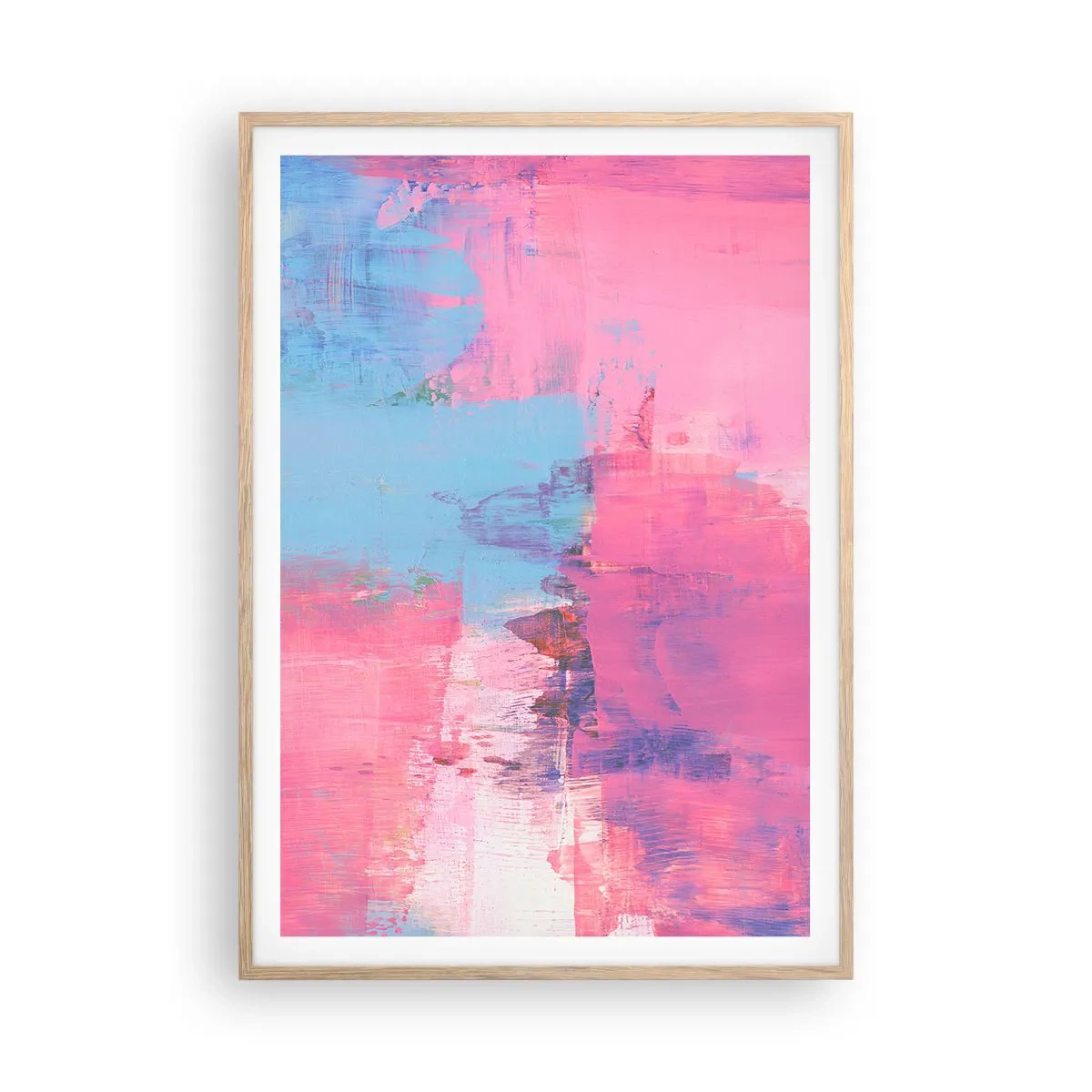 Een poster in een licht eiken lijst - Roze, blauw en een vleugje licht - 70x100 cm