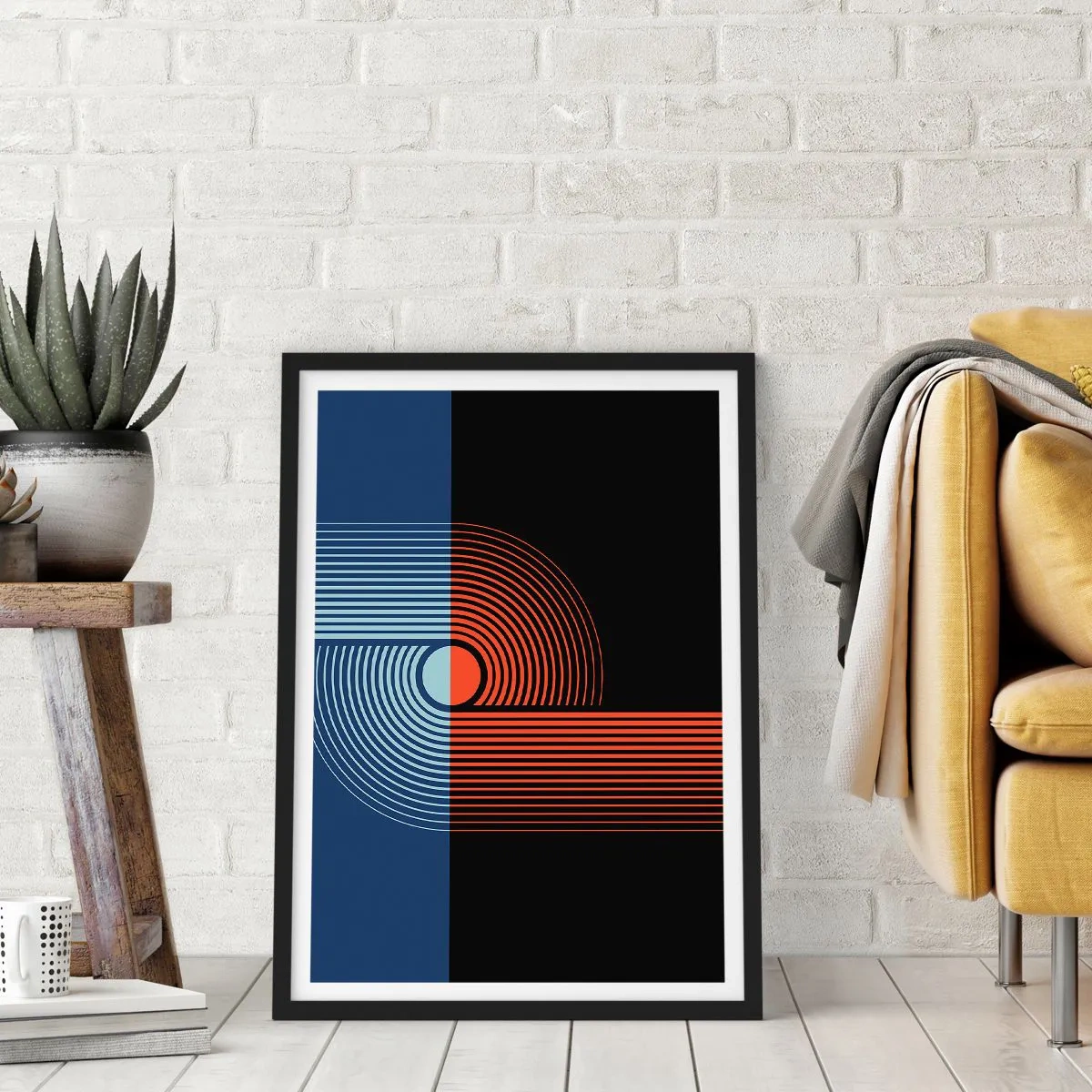 Poster in een zwarte lijst - Geometrische compositie met lijnen in marineblauw en oranje. - 50x70cm - In een geometrische omhelzing - Moderne wanddecoratie voor woonkamer en slaapkamer ARTTOR