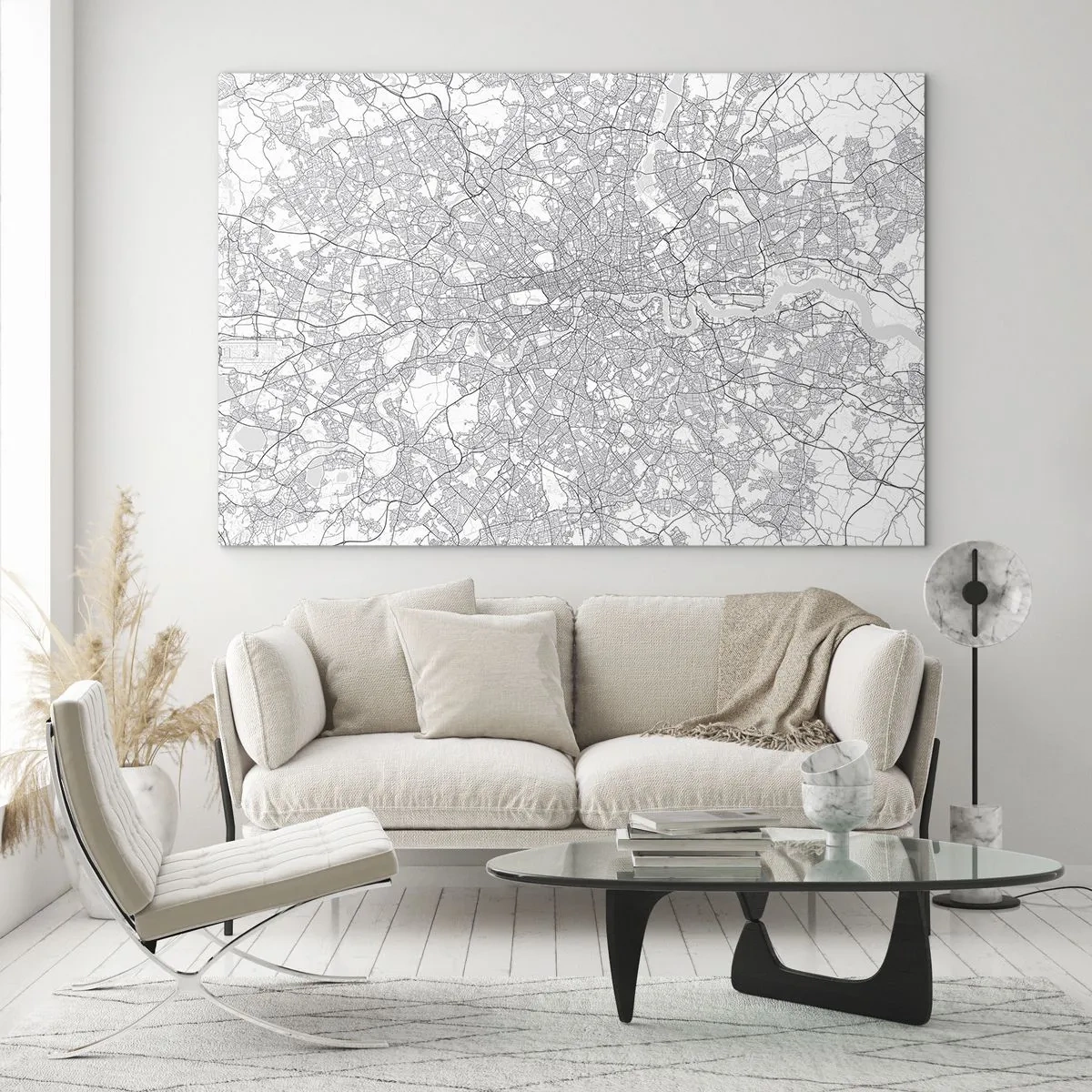 Schilderen op glas - Een zwart-witkaart met een dicht stratenpatroon in minimalistische stijl. - 70x50cm - Kaart van het doolhof van Londen - Moderne wanddecoratie voor woonkamer en slaapkamer ARTTOR