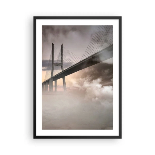 Poster in een zwarte lijst - Een brug in de mist bij zonsopgang - 50x70cm - Bij de rivier die niet bestaat - Moderne wanddecoratie voor woonkamer en slaapkamer ARTTOR