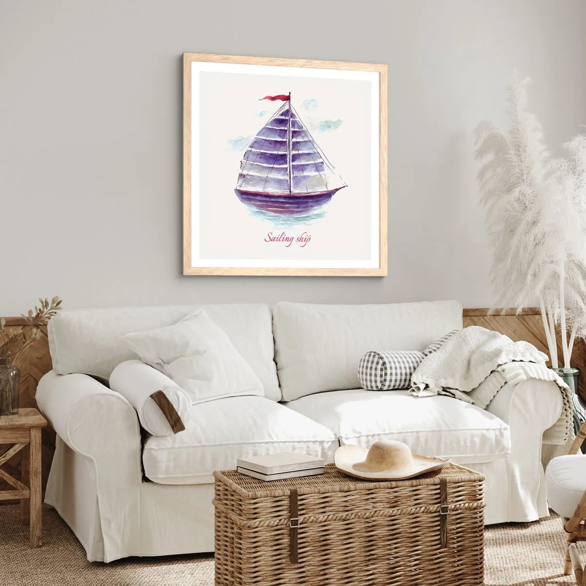 Een poster in een licht eiken lijst - Volle zeilen en rustig water - 40x40 cm