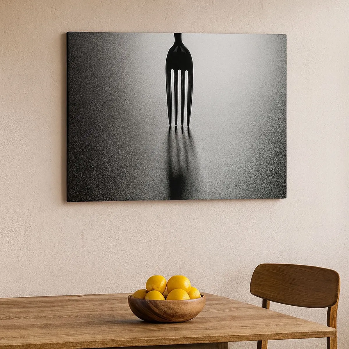 Schilderen op canvas - Een minimalistische versie van een vork in zwart-wit met schaduwspel. - 70x50cm - Licht en schaduw - Moderne wanddecoratie voor woonkamer en slaapkamer ARTTOR