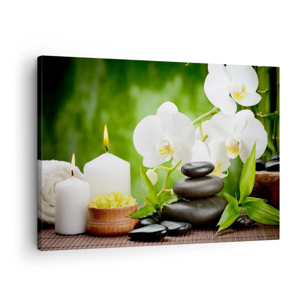Schilderen op canvas - Orchideeën, kaarsen en stenen omgeven door de natuur - 70x50cm - Geurige, bloemige, delicate aanraking - Moderne wanddecoratie voor woonkamer en slaapkamer ARTTOR