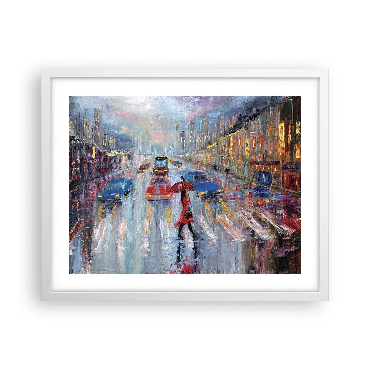 Poster in een witte lijst - Regenachtige middag in de stad - 50x40 cm