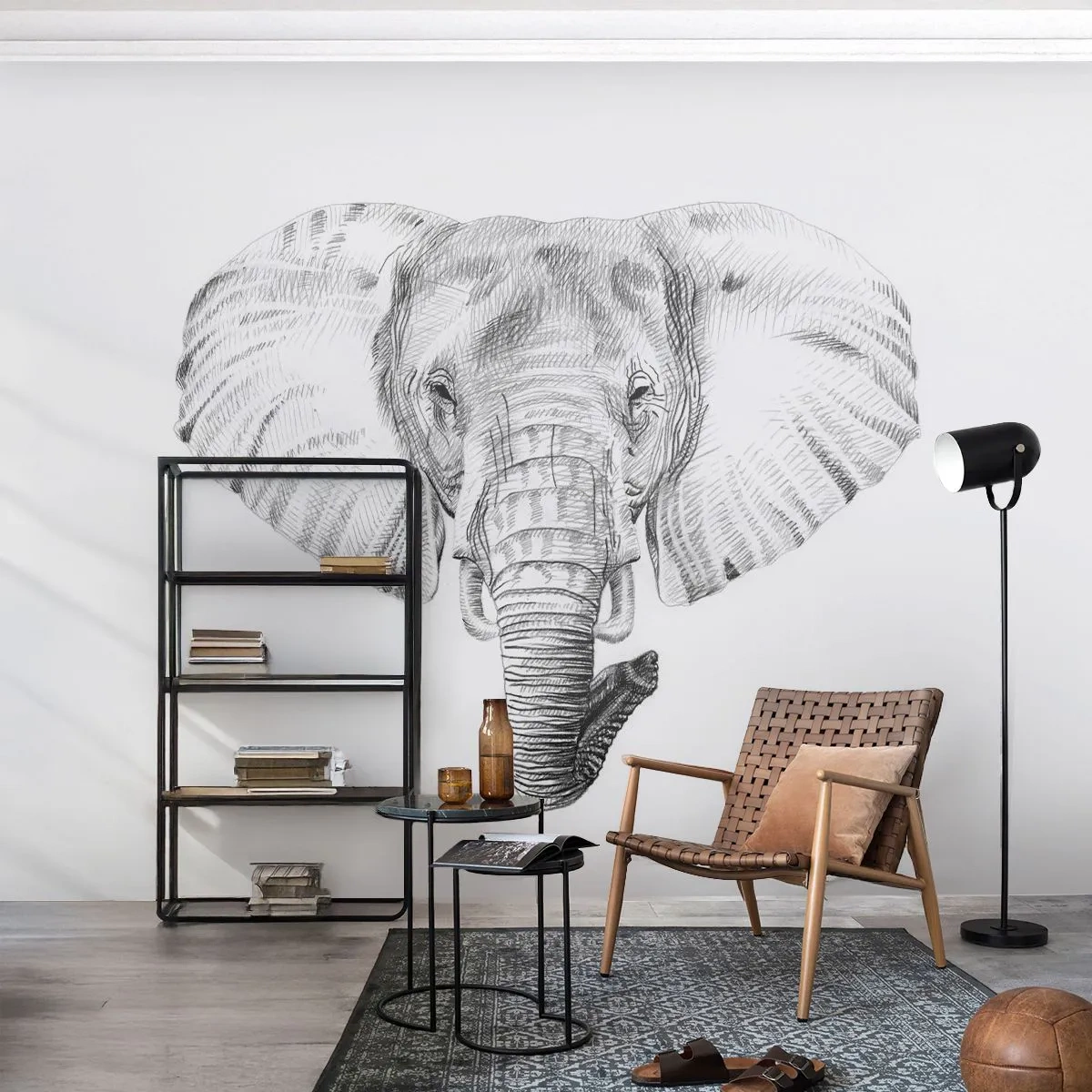 Fotobehang Standard Eco - Monochroom portret van een olifant in artistieke stijl - 100x70cm - "Er was een olifant, zo groot als - een olifant" - Moderne wanddecoratie voor woonkamer en slaapkamer ARTTOR