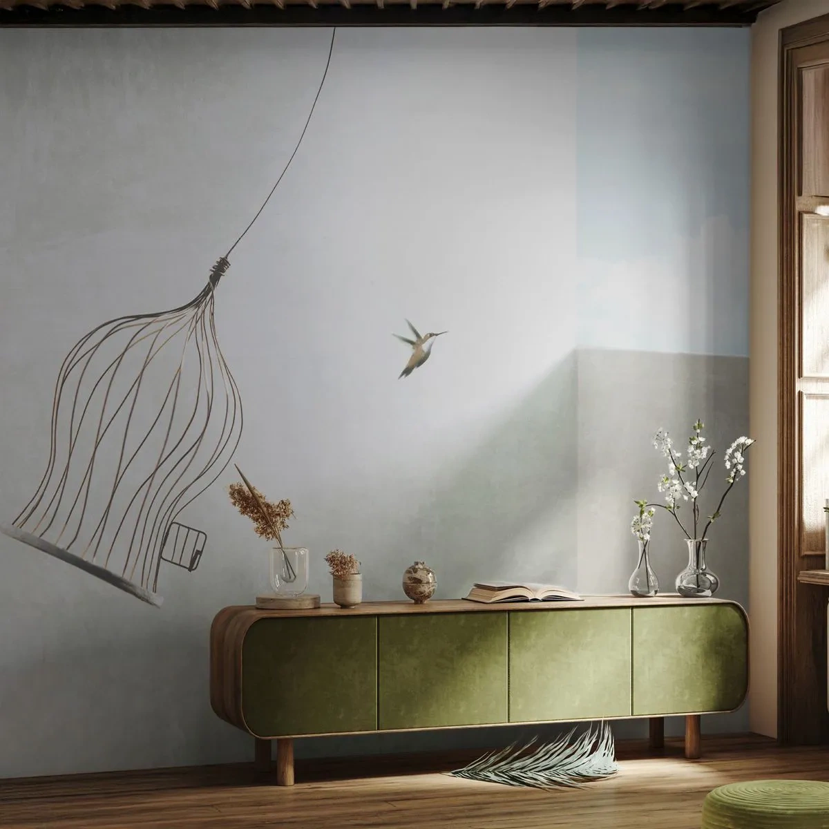 Fotobehang Premium Canvas - In je element - Abstractie, Vogel, Vogelkooi - 350x256 cm