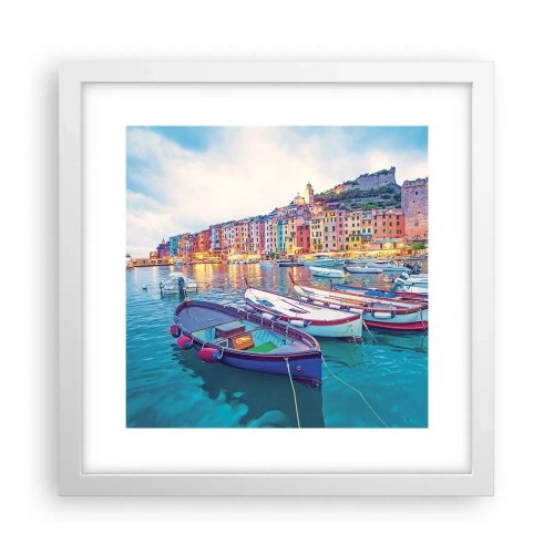 Poster in een witte lijst - Kleurrijke avond in de haven - 30x30 cm
