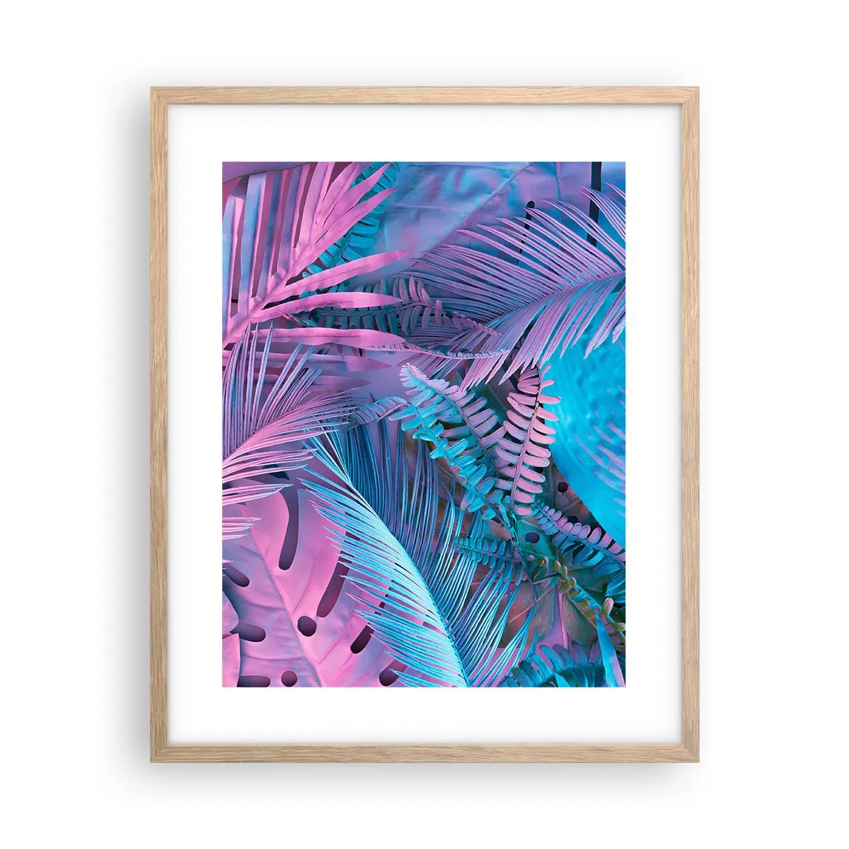 Een poster in een licht eiken lijst - Tropen in roze en blauw - 40x50 cm