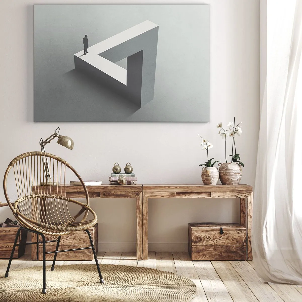 Schilderen op canvas - Een figuur staat op een Penrose-driehoek in grijstinten. - 70x50cm - Maar het is toch mogelijk - Moderne wanddecoratie voor woonkamer en slaapkamer ARTTOR