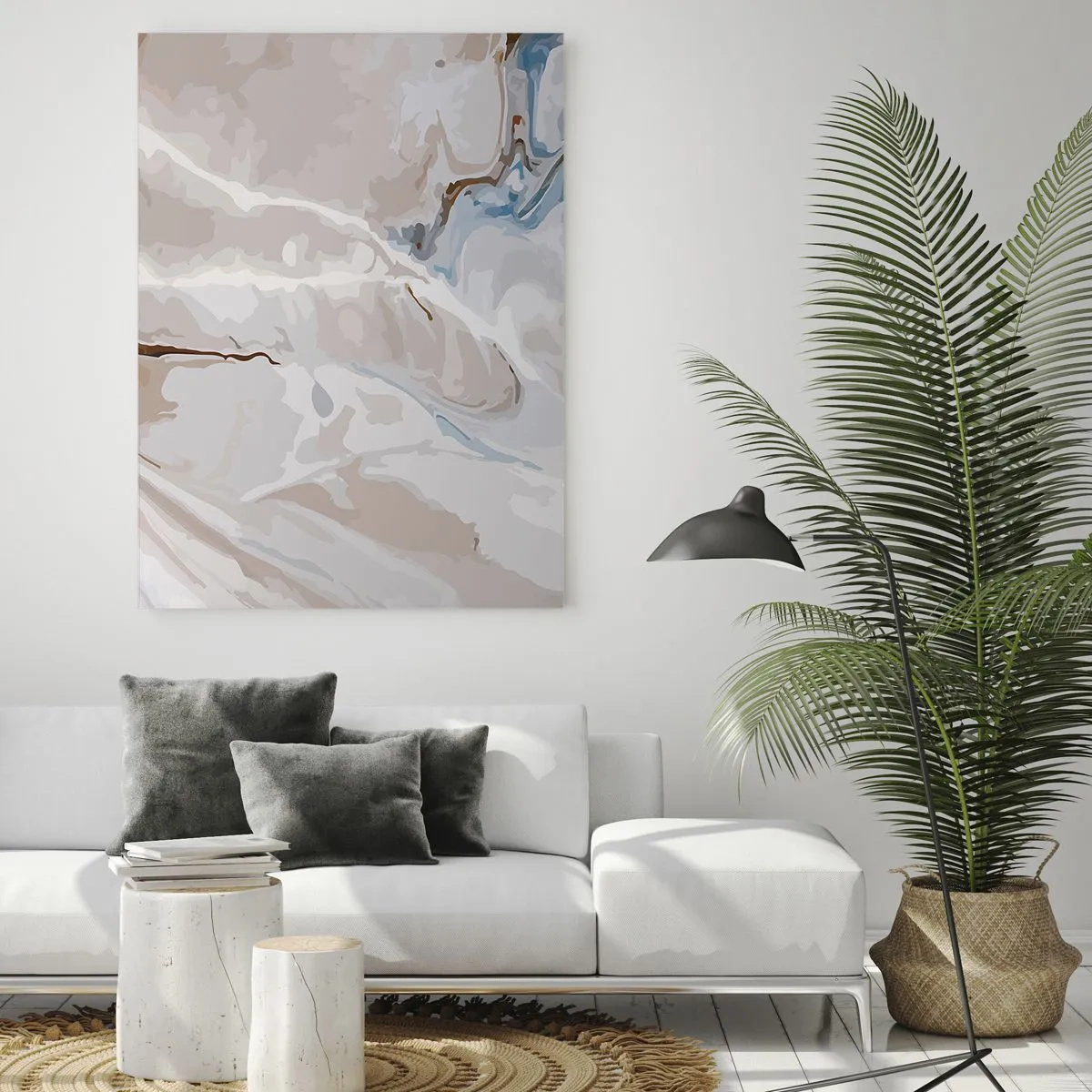 Schilderen op glas - Blauw kronkelt onder het wit - 70x100 cm