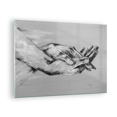 Schilderen op glas - Zwart-wit schilderij van twee handen die naar elkaar reiken - 70x50cm - Begin… - Moderne wanddecoratie voor woonkamer en slaapkamer ARTTOR