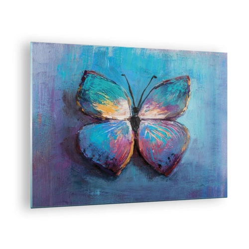 Schilderen op glas - Een kleurrijke vlinder tegen een achtergrond van abstracte kleuren in tinten blauw en paars. - 70x50cm - In al zijn glorie - Moderne wanddecoratie voor woonkamer en slaapkamer ARTTOR