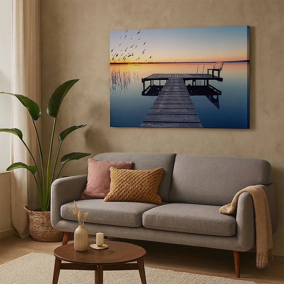 Schilderen op canvas - Houten pier op een meer bij zonsopgang met vogels - 70x50cm - Dat was een goede dag - Moderne wanddecoratie voor woonkamer en slaapkamer ARTTOR