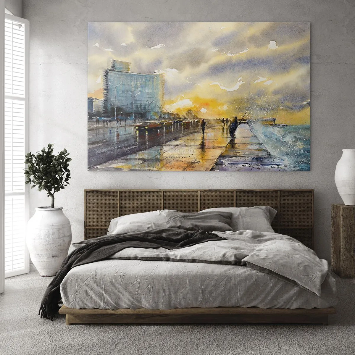Schilderen op glas - Aquarel kustplaatsje met zonsondergang - 70x50cm - Het leven aan de oever - Moderne wanddecoratie voor woonkamer en slaapkamer ARTTOR
