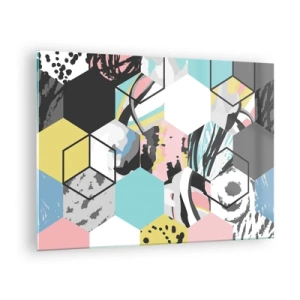 Schilderen op glas - Kleurrijke kubussen en zeshoeken in een moderne compositie - 70x50cm - Zeshoeken en kubussen in zes kleuren - Moderne wanddecoratie voor woonkamer en slaapkamer ARTTOR