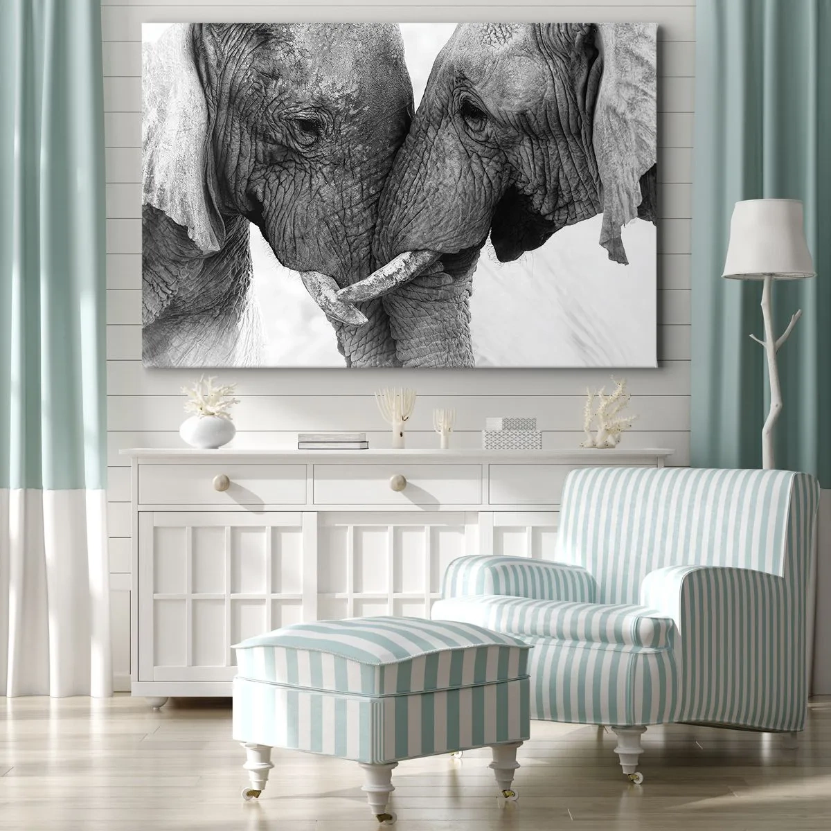 Schilderen op canvas - Twee olifanten in een teder gebaar tegen een monochrome achtergrond - 70x50cm - Oprechte bekentenis - Moderne wanddecoratie voor woonkamer en slaapkamer ARTTOR