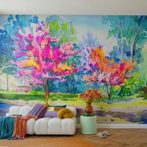 Fotobehang Premium Sand - Regenboogtuin in het lentelicht - Park, Bomen, Natuur - 100x70 cm