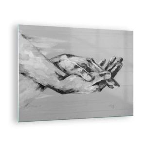 Schilderen op glas - Zwart-wit schilderij van twee handen die naar elkaar reiken - 70x50cm - Begin… - Moderne wanddecoratie voor woonkamer en slaapkamer ARTTOR
