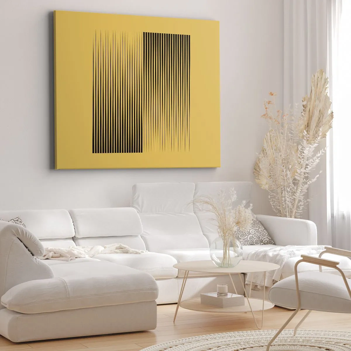Schilderen op canvas - Verticale zwarte lijnen op een gele achtergrond - 70x50cm - Vierkant van tegenpolen - Moderne wanddecoratie voor woonkamer en slaapkamer ARTTOR