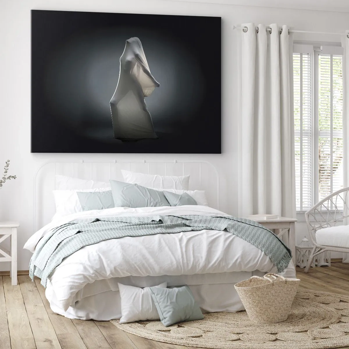Schilderen op canvas - Een figuur in witte stof op een donkere achtergrond - 70x50cm - Verborgen verlangens - Moderne wanddecoratie voor woonkamer en slaapkamer ARTTOR